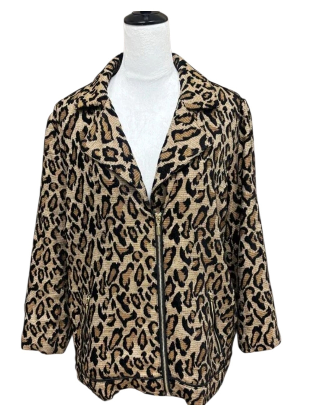 Chico's 2 Leopard Print Jacket Size 12 / 14 Asymetrical Zip Moto Jacquard EUC